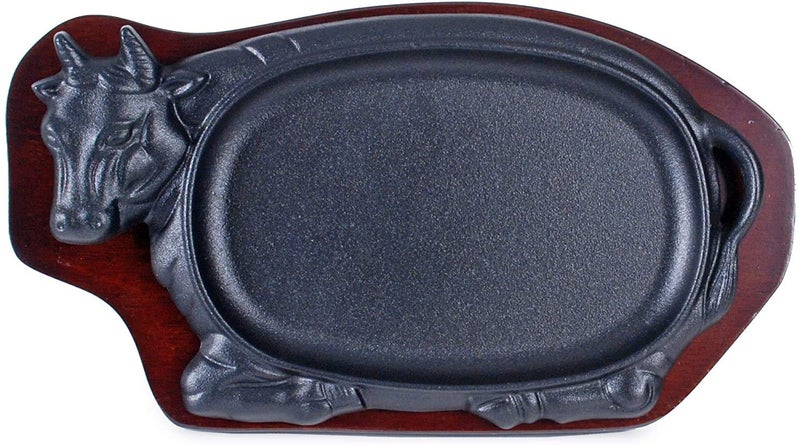 Happy Sales HSGRD-COW12, Large Cast Iron Steak Plate Sizzle Griddle with Wooden Base Steak Pan Grill Fajita Server Plate Household use or Restaurant Supply - Image 1